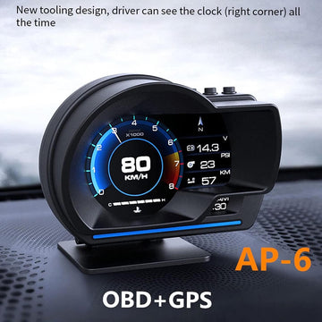 OBD2+GPS Smart Gauge, AP-6 Car HUD Head Up Display, High Definition Speedometer Car Diagnostic Tool Overspeed Fault Alarm for All Vehicles - Imported from UK